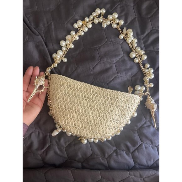 Women Beige Pearl Straw Clutch Woven Summer Beach Evening Bag for Wedding Party - Picture 1 of 10